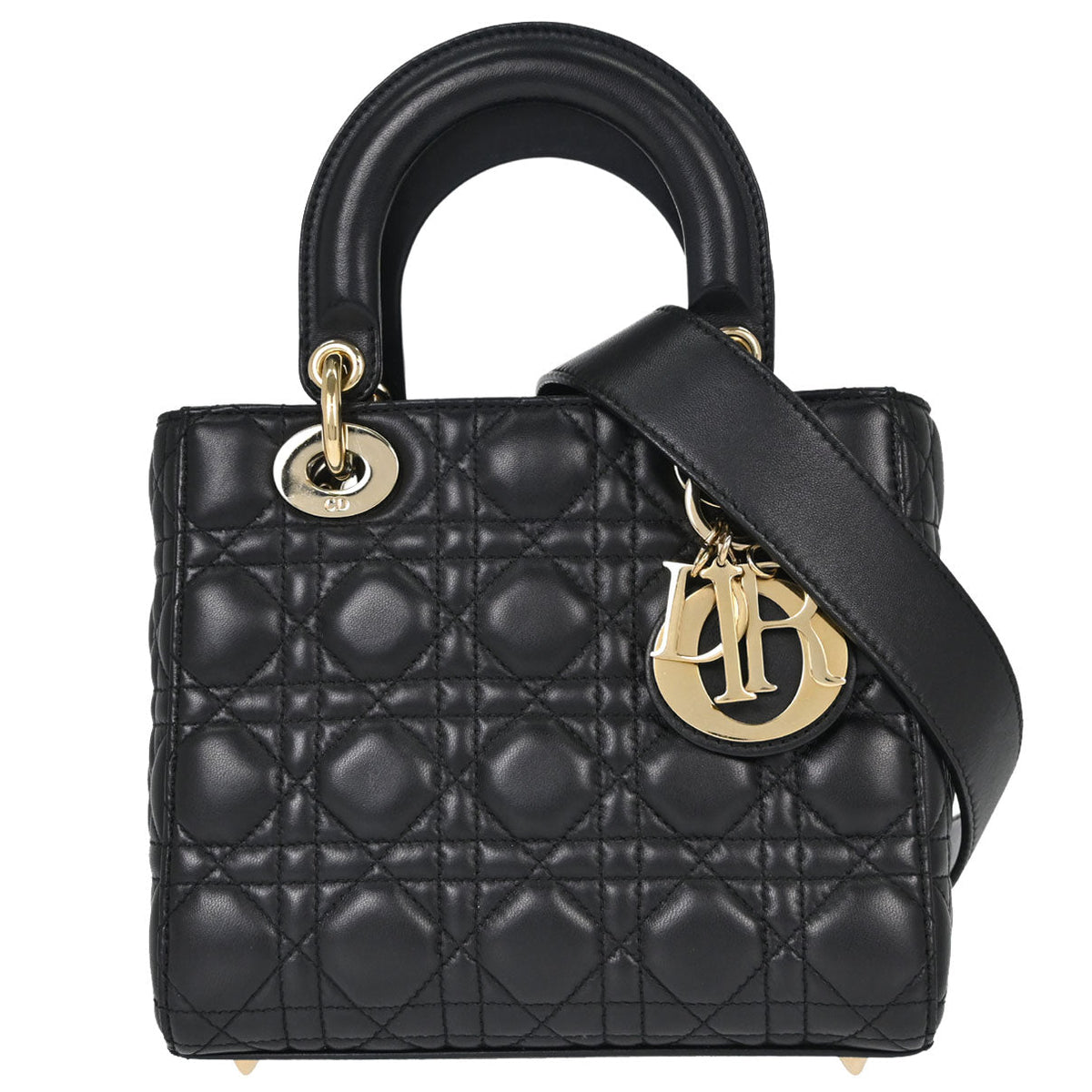 Christian Dior Black Lambskin Small Lady Dior Cannage 2way Shoulder Handbag