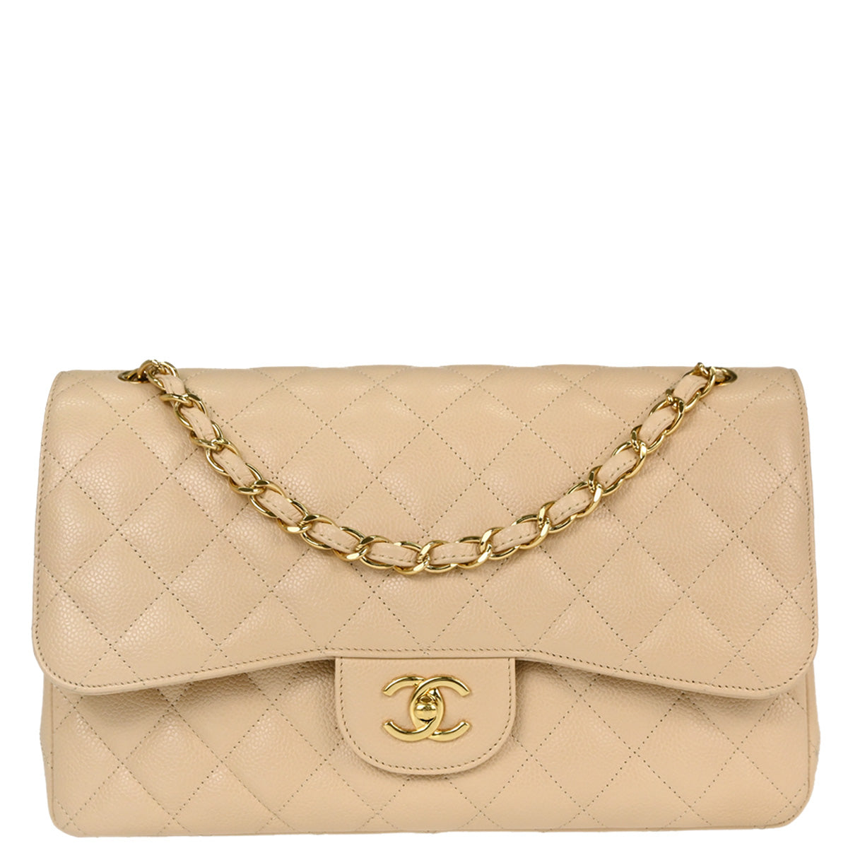 Chanel Beige Caviar Skin Jumbo Classic Double Flap Shoulder Bag