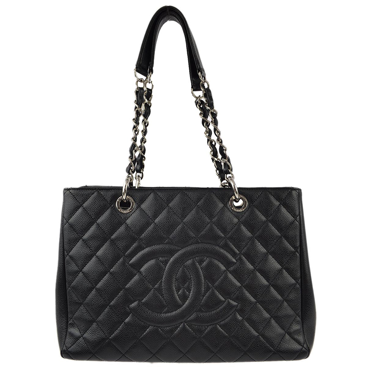 Chanel 2012 Black Caviar Grand Shopping Tote GST Chain Handbag