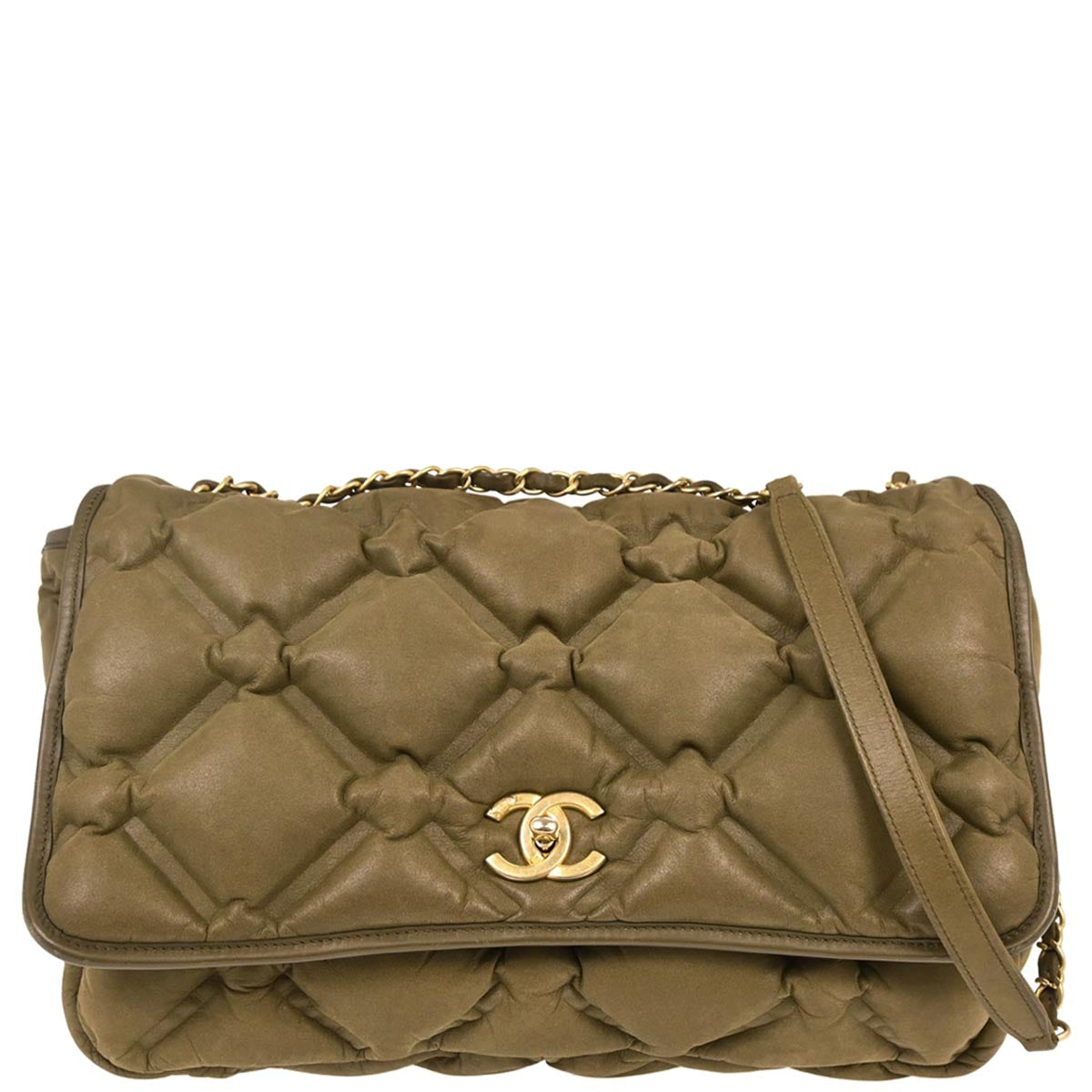 Chanel 2017 Olive Green Calfskin Bubble Quilt Shoulder Bag