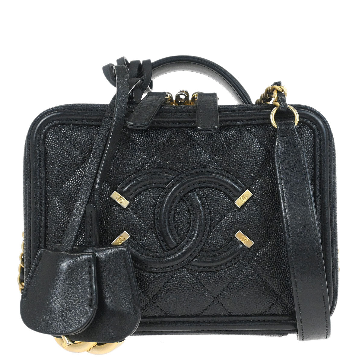 Chanel 2018 Black Caviar Skin CC Filigree 2way Vanity Shoulder Handbag