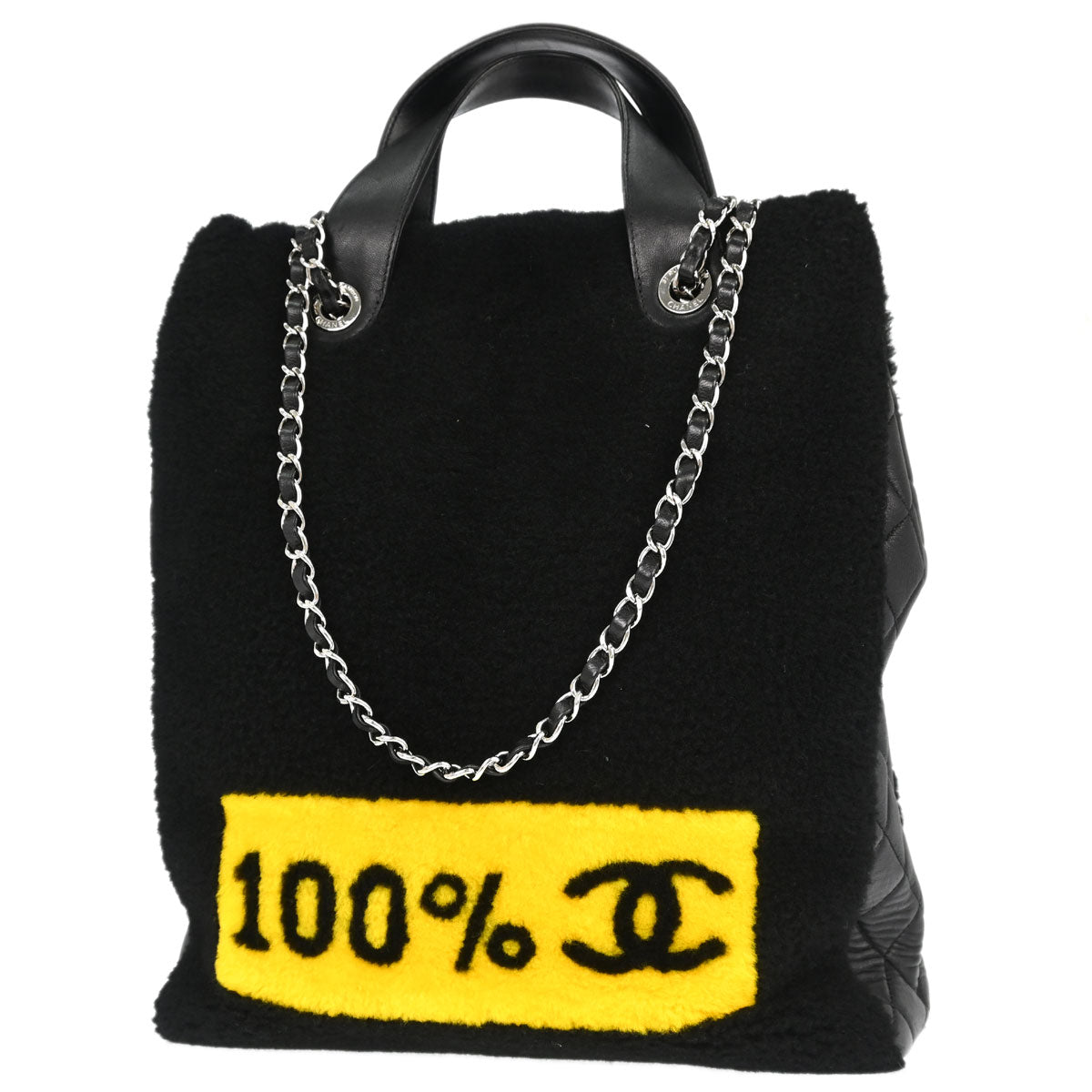 Chanel 2014-2015 Black Wool Lambskin 2way Shearling Comic Tote Handbag