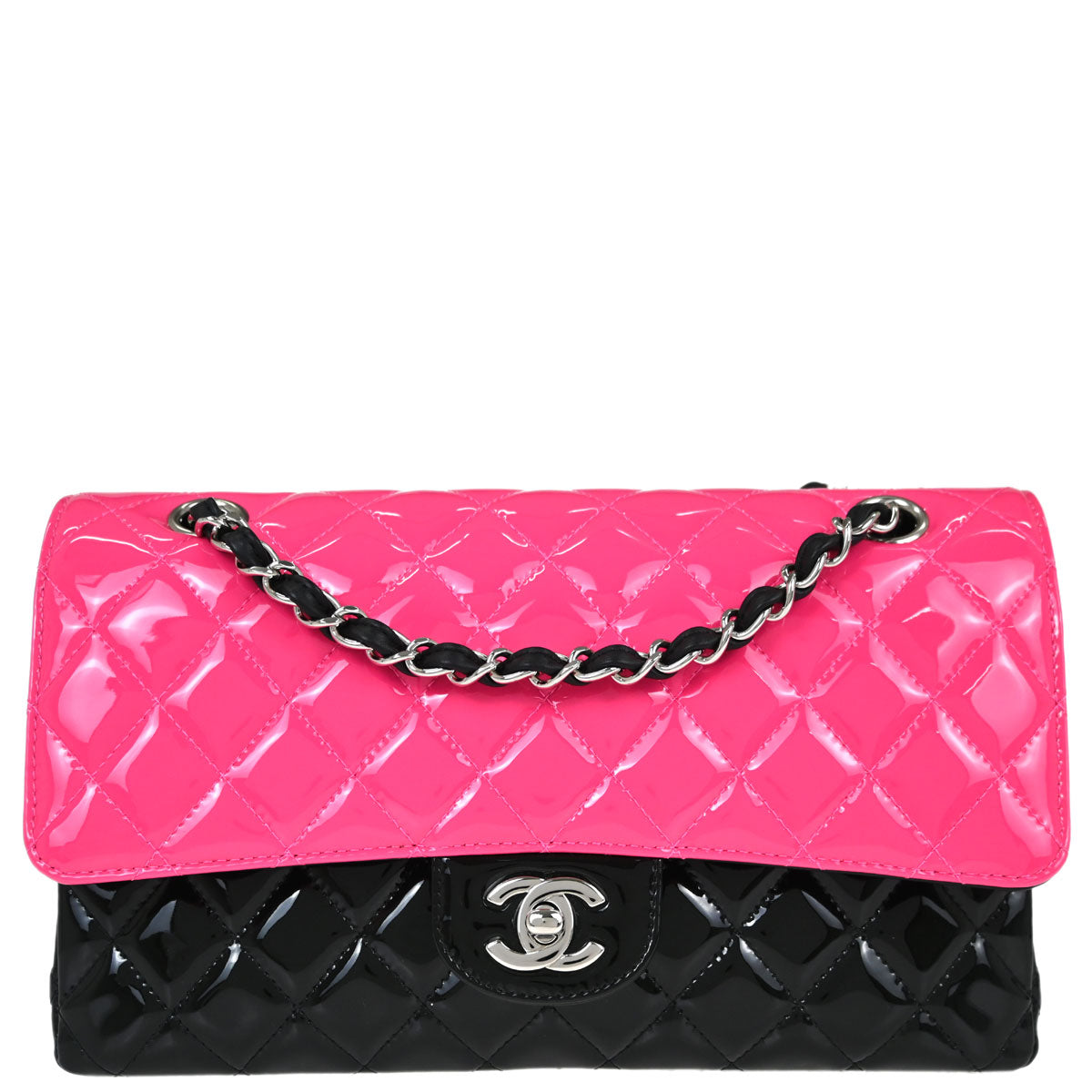 Chanel Black Pink Patent Leather Medium Classic Double Flap Shoulder Bag