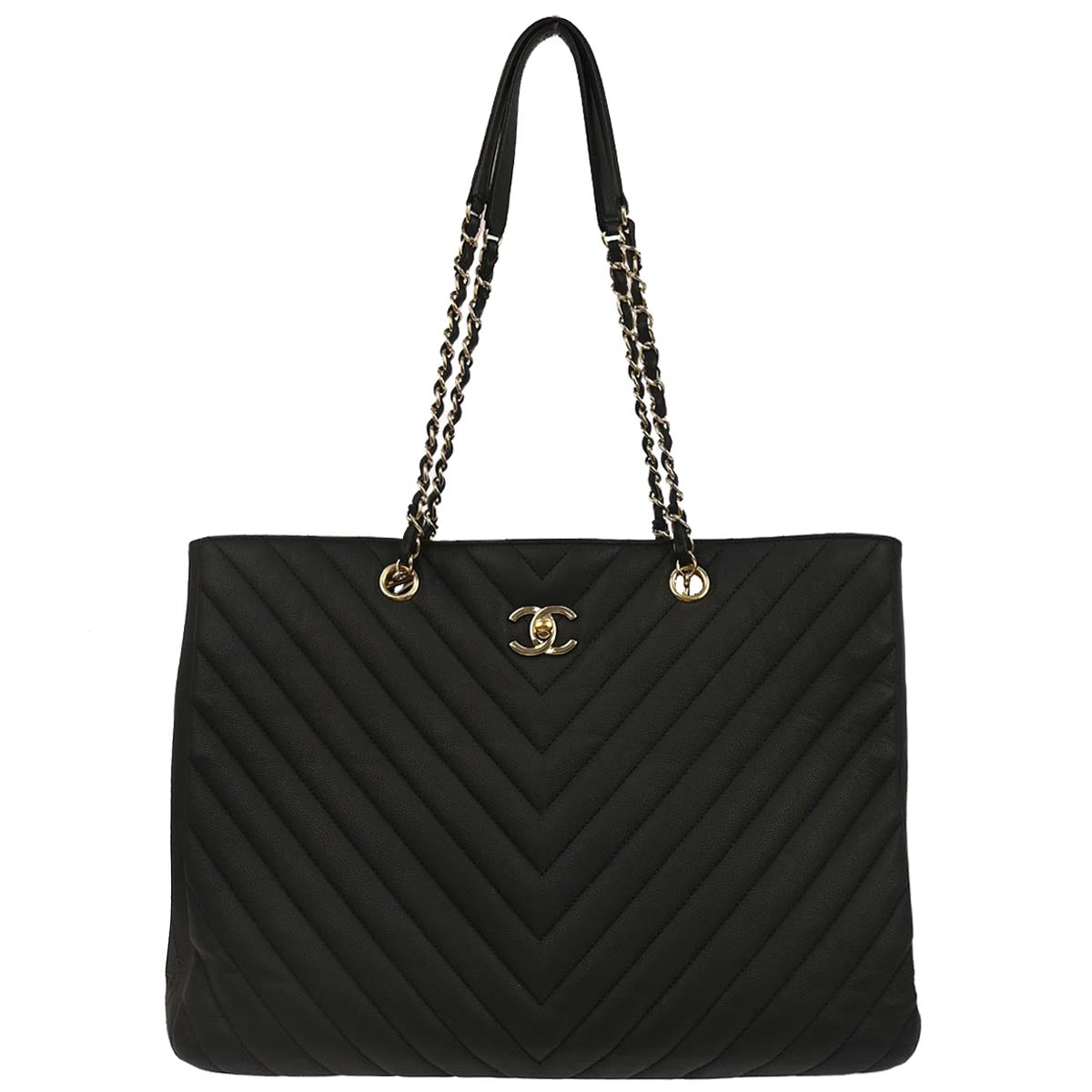 Chanel 2019 Black Caviar Skin Chevron Shopping Tote Chain Handbag