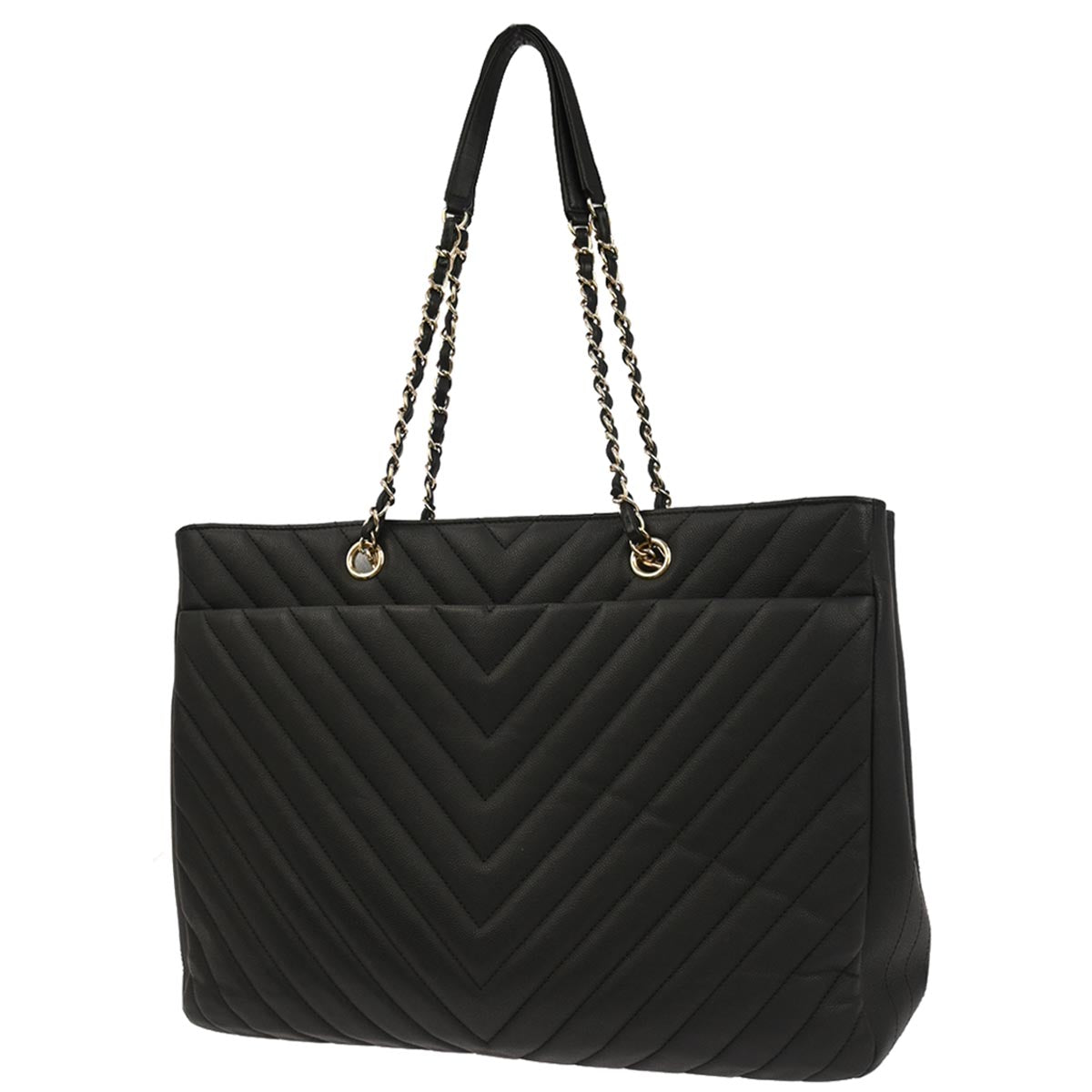 Chanel 2019 Black Caviar Skin Chevron Shopping Tote Chain Handbag