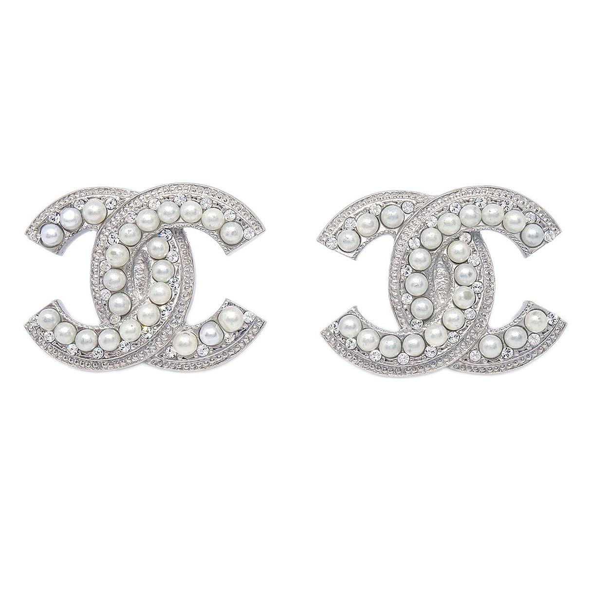 Chanel CC Clip-On Earrings Silver Costume Pearl Rhinestone 18P