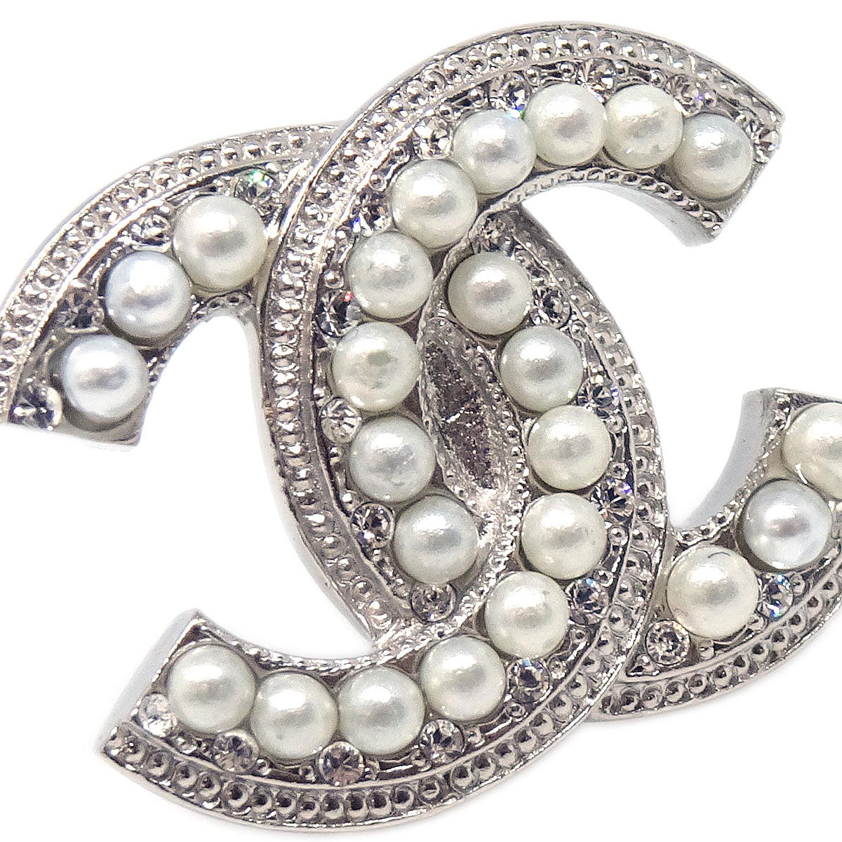 Chanel CC Clip-On Earrings Silver Costume Pearl Rhinestone 18P
