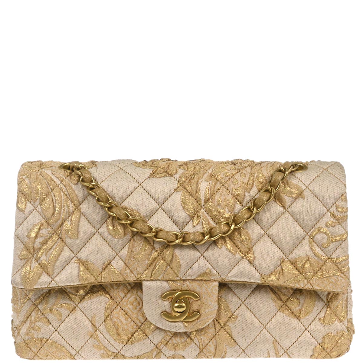 Chanel Gold Canvas Medium Classic Double Flap Shoulder Bag