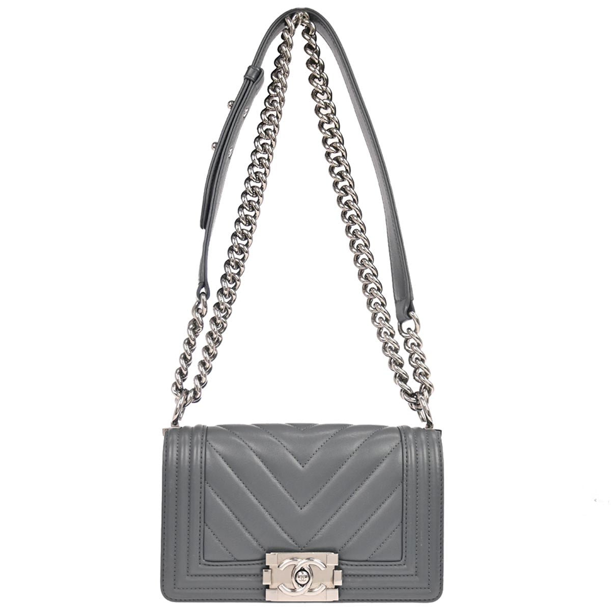 Boy Chanel 2018-2019 Gray Lambskin Chevron Small Chain Shoulder Bag