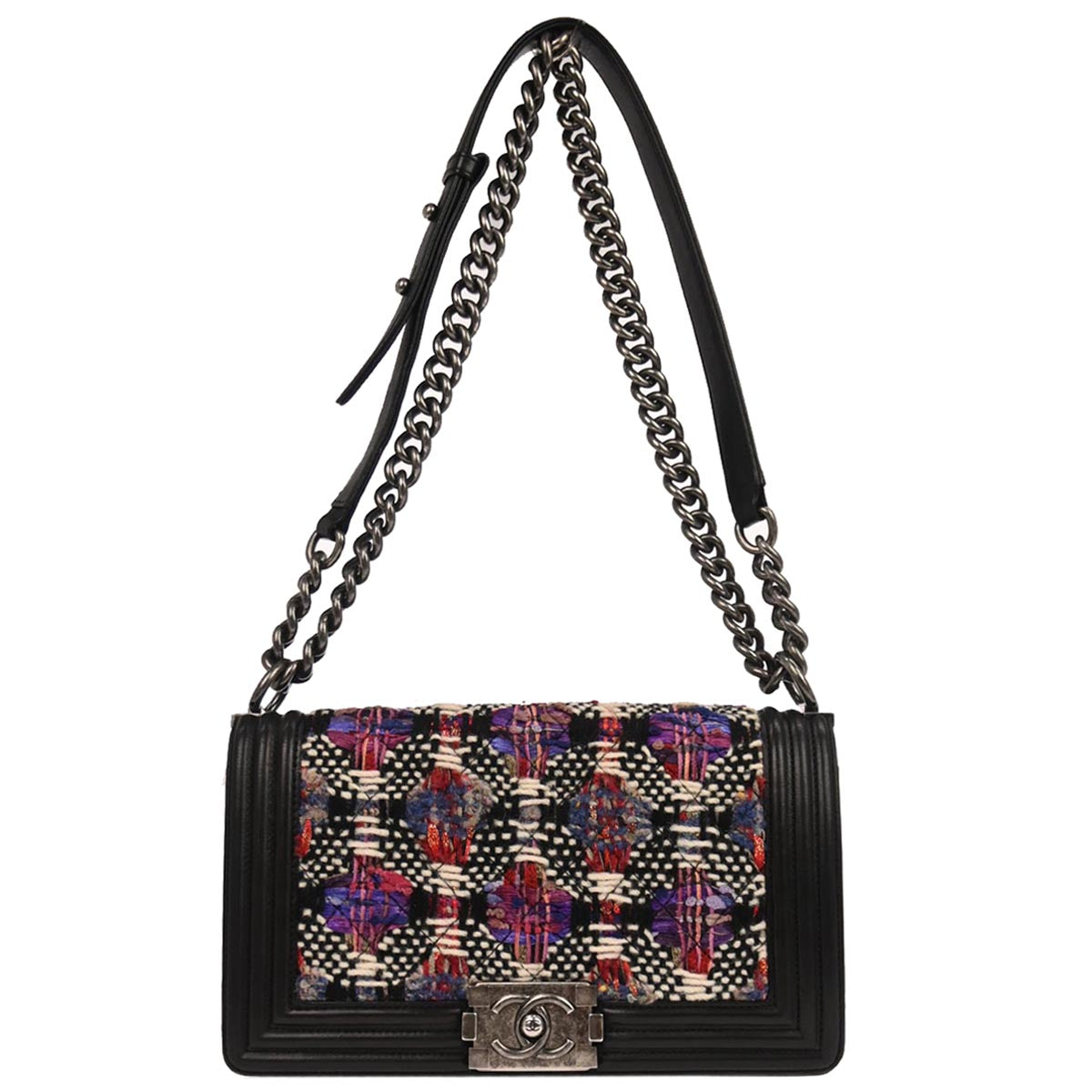 Boy Chanel 2017 Black Tweed Lambskin Medium Double Chain Shoulder Bag