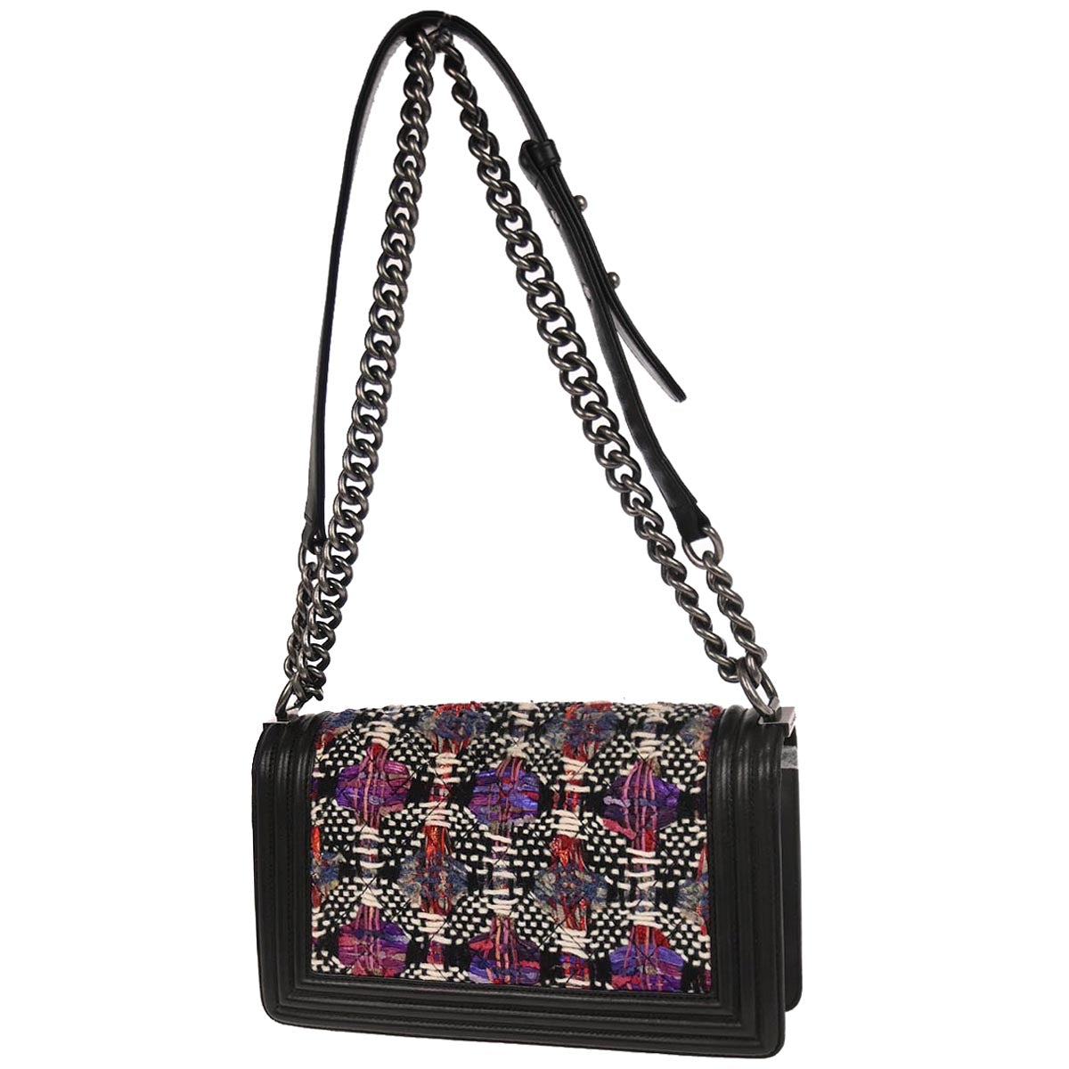 Boy Chanel 2017 Black Tweed Lambskin Medium Double Chain Shoulder Bag