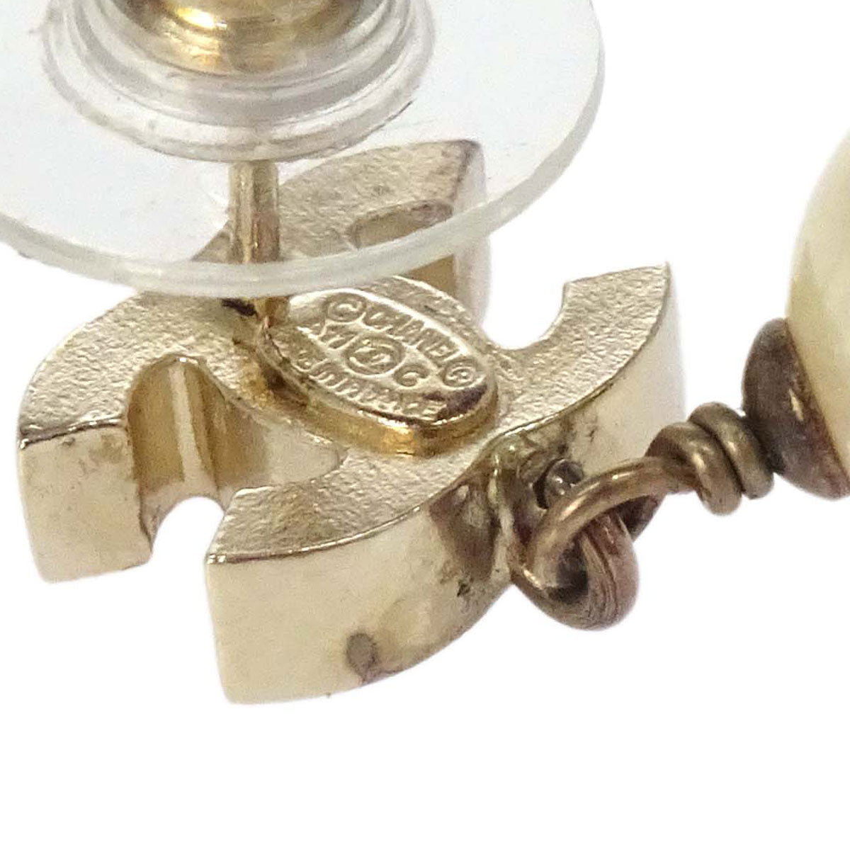 Chanel Dangle Pierced Earrings CC Costume Pearl Gold A11C