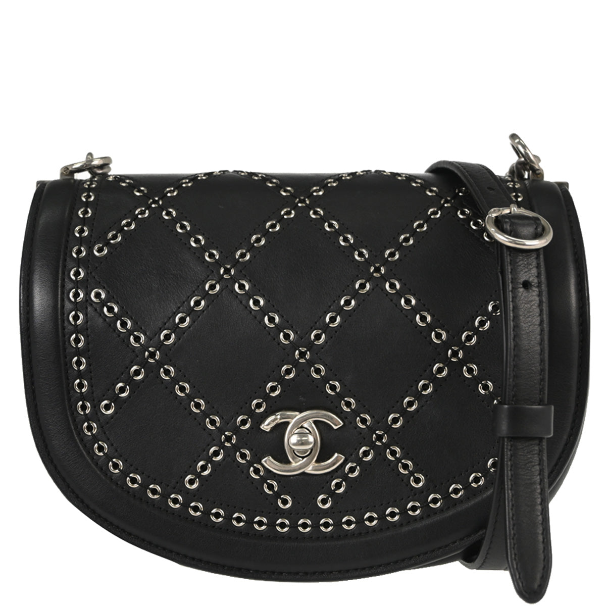 Chanel Black Calfskin Coco Eyelets Round Flap Shoulder Bag