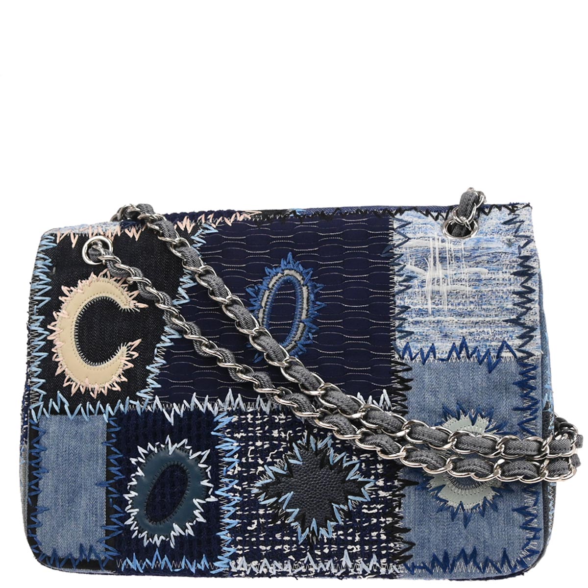 Chanel 2014-2015 Blue Tweed Jumbo Single Flap Patchwork Shoulder Bag