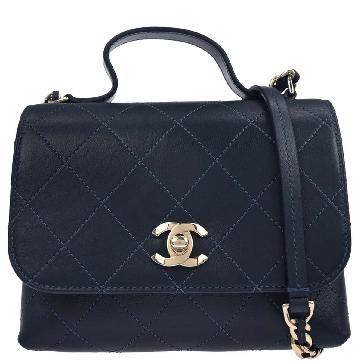 Chanel Navy Calfskin Top Handle 2way Shoulder Handbag