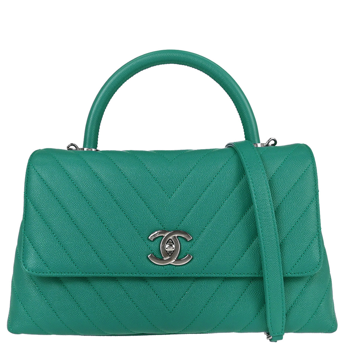Chanel 2019 Green Caviar Skin Chevron Coco Handle 2way Shoulder Handbag