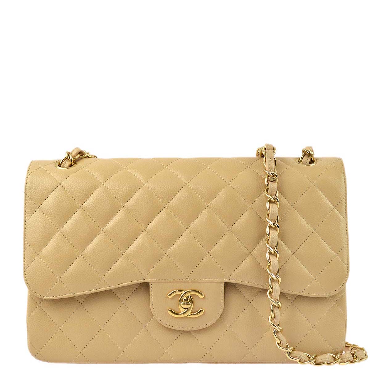 Chanel 2013-2014 Beige Caviar Classic Flap Jumbo Double Chain Shoulder Bag