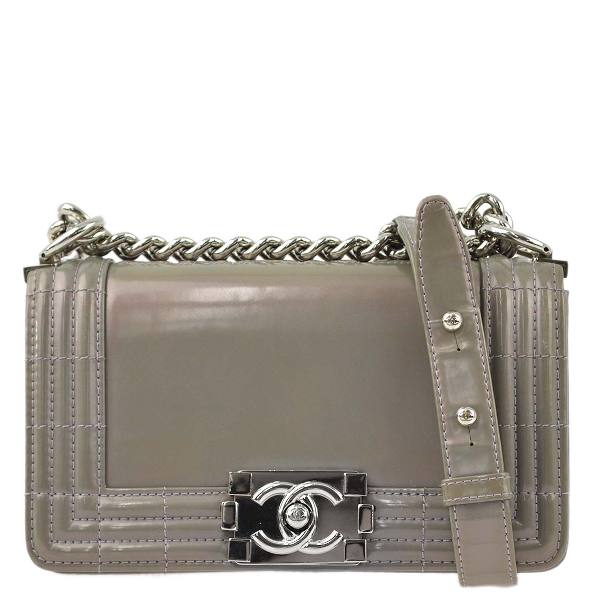 Boy Chanel 2012 Gray Patent Leather Double Chain Shoulder Bag