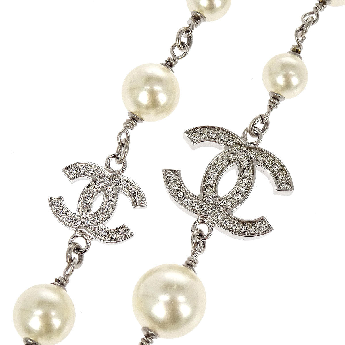 Chanel CC Chain Pendant Necklace Silver Costume Pearl Rhinestone B14C