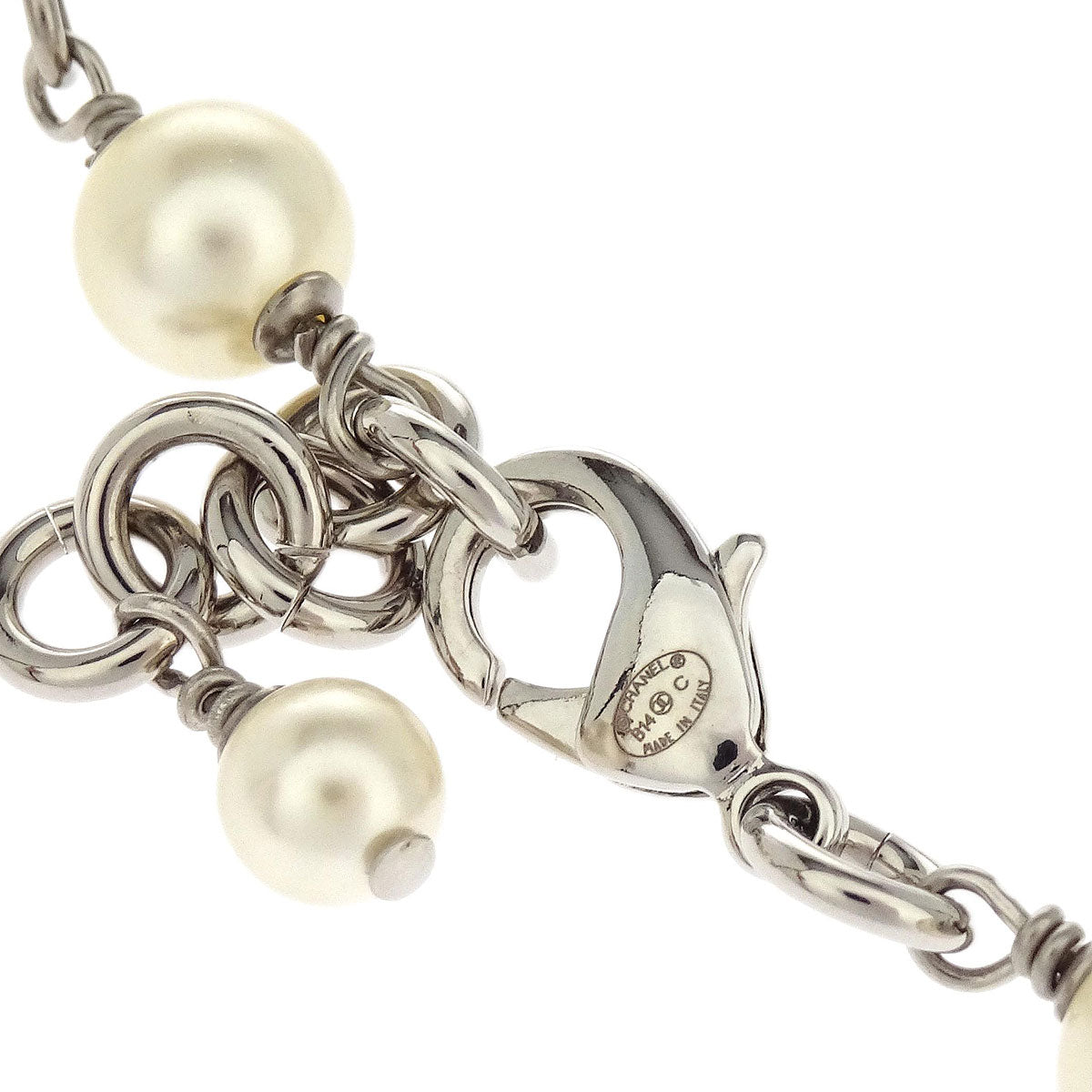 Chanel CC Chain Pendant Necklace Silver Costume Pearl Rhinestone B14C
