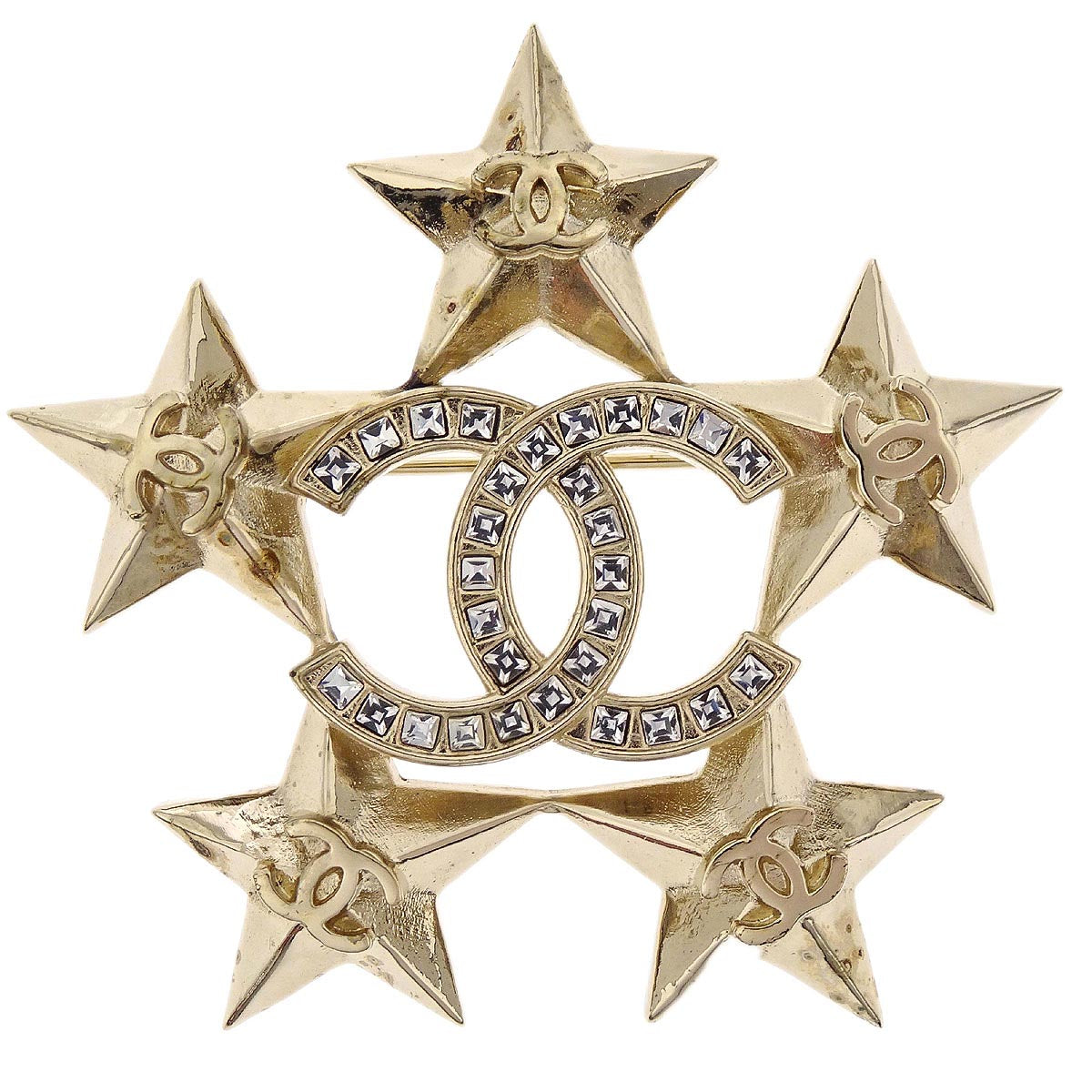 Chanel Star CC Brooch Pin Gold Rhinestone A17C