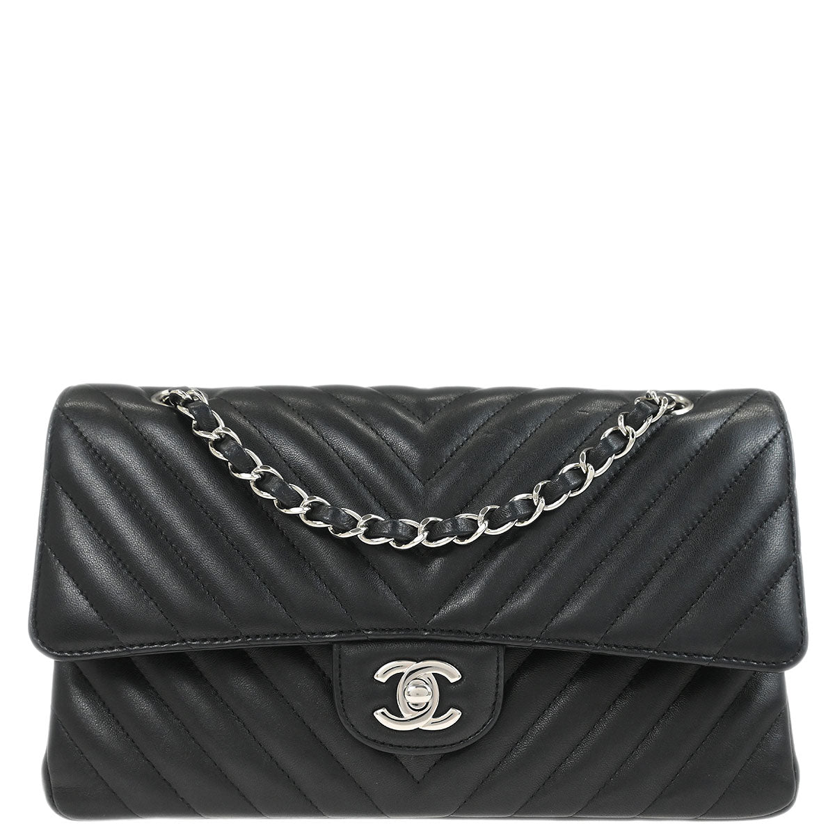 Chanel Black Lambskin Chevron Medium Classic Double Flap Shoulder Bag
