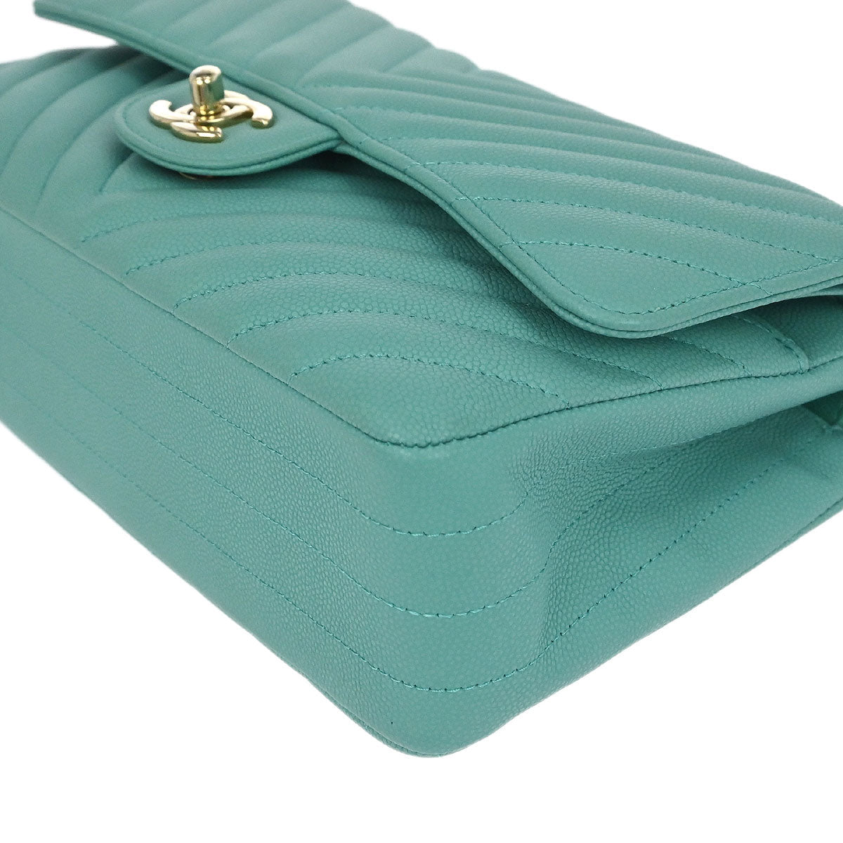 Chanel Green Caviar Skin Chevron Medium Classic Double Flap Shoulder Bag