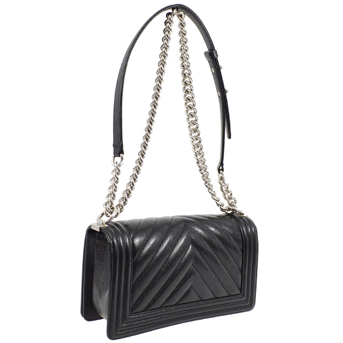 Medium Boy Chanel 2019 Black Caviar Chevron Double Chain Shoulder Bag