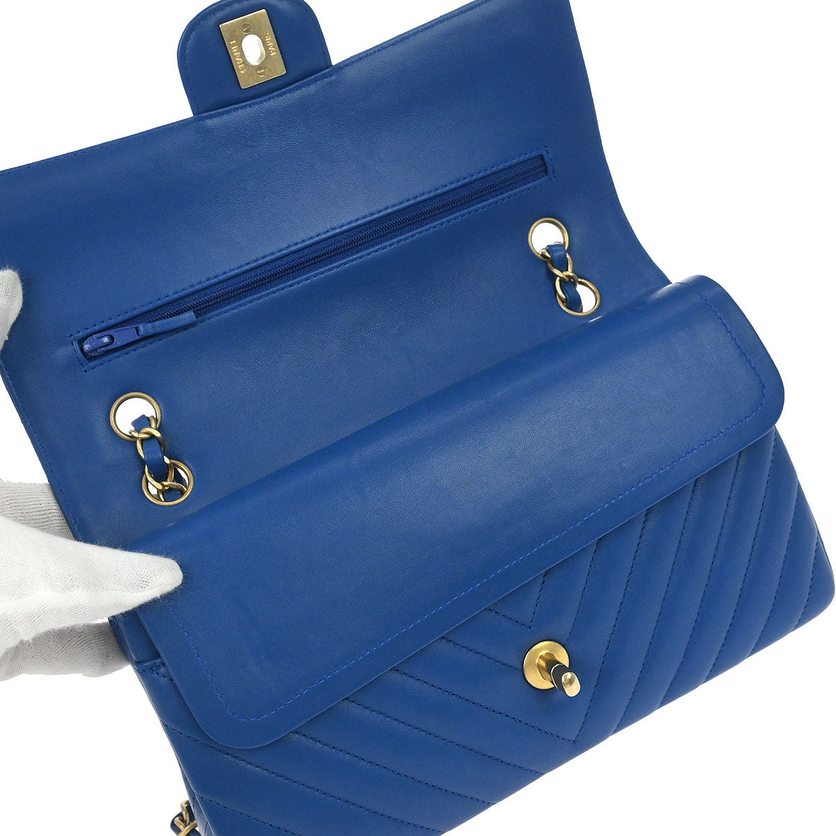 Chanel 2019 Blue Lambskin Chevron Medium Classic Double Flap Shoulder Bag
