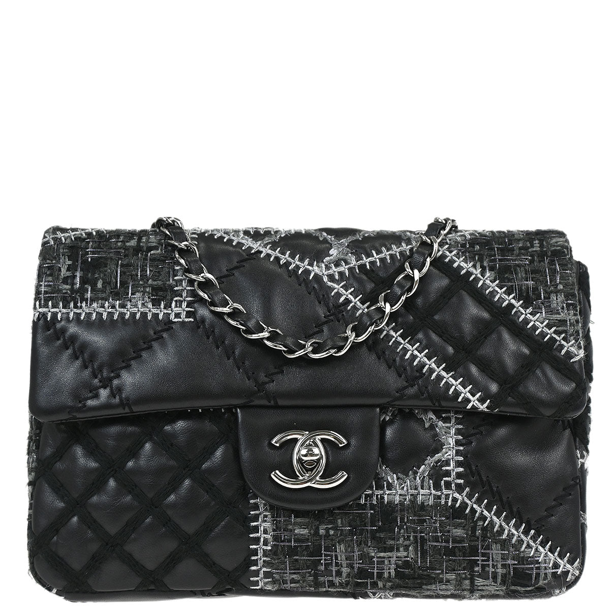 Chanel Black Tweed Lambskin Patchwork Stitch Shoulder Bag
