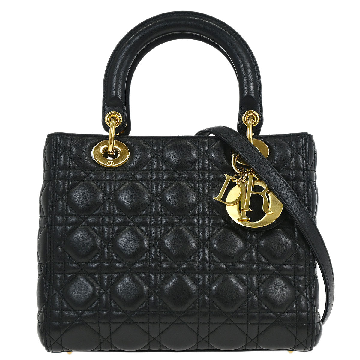 Christian Dior Black Lambskin Medium Lady Dior Cannage 2way Shoulder Handbag