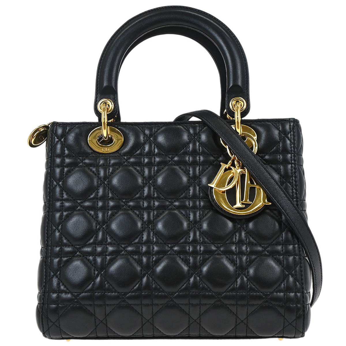 Christian Dior Black Lambskin Medium Lady Dior Cannage 2way Shoulder Handbag