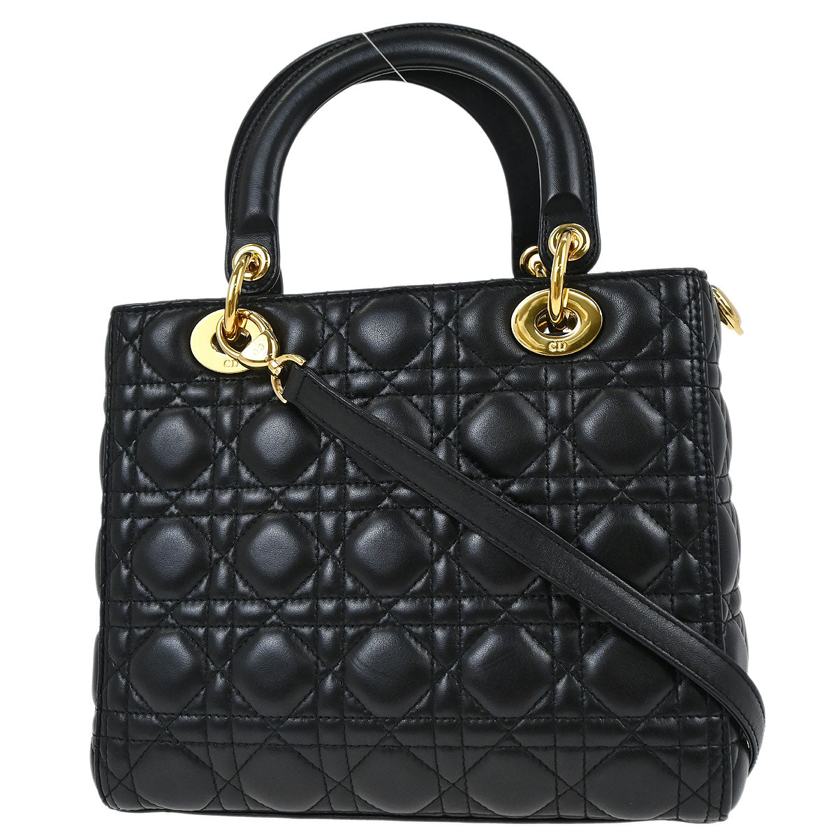 Christian Dior Black Lambskin Medium Lady Dior Cannage 2way Shoulder Handbag