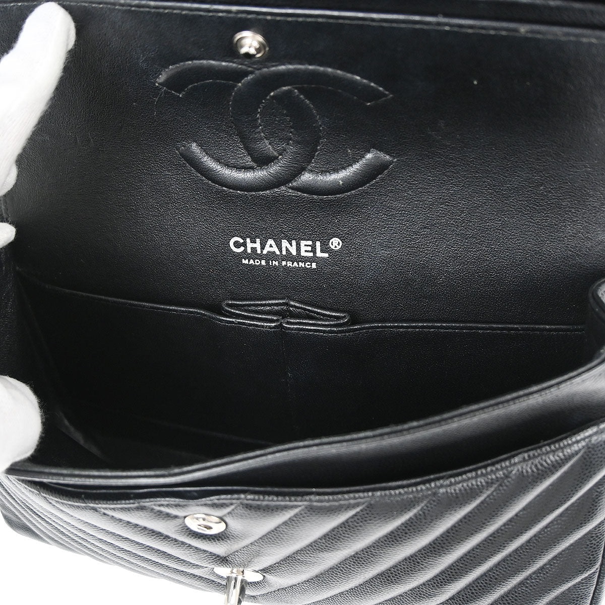 Chanel 2016-2017 Black Caviar Skin Chevron Medium Classic Double Flap Shoulder Bag