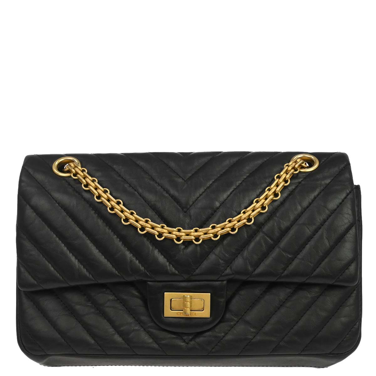Chanel Black Lambskin Chevron 2.55 Small Double Flap Shoulder Bag