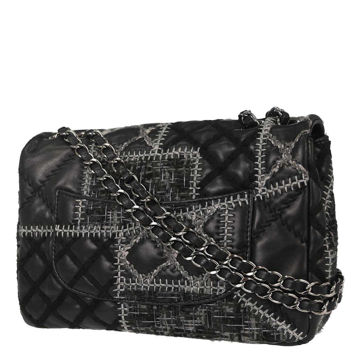 Chanel Black Tweed Lambskin Patchwork Stitch Shoulder Bag