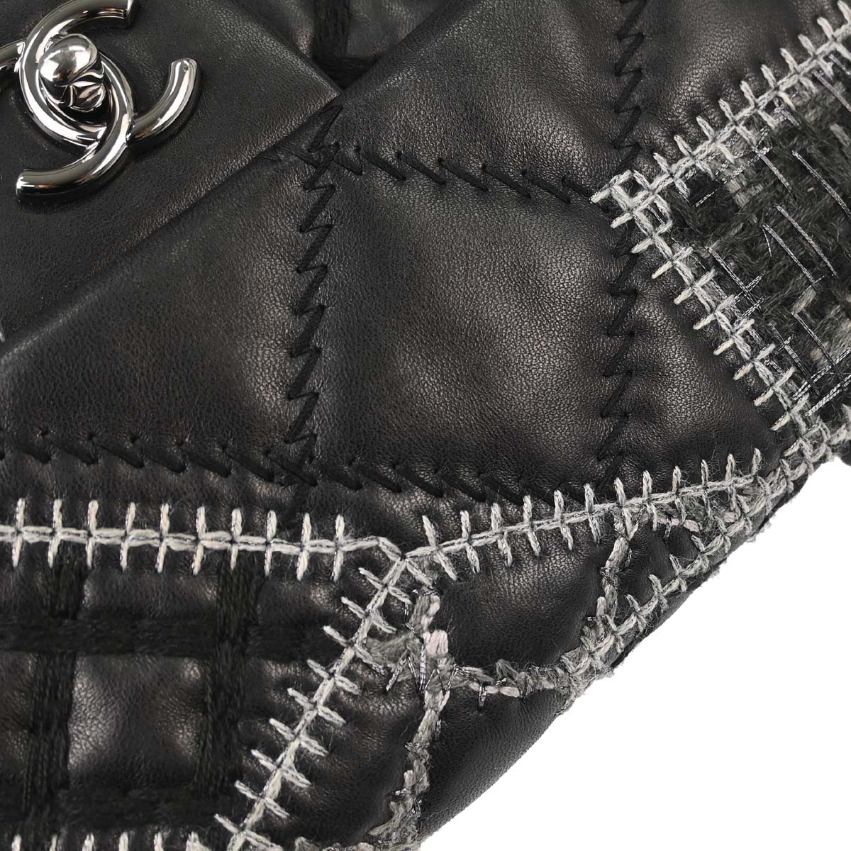 Chanel Black Tweed Lambskin Patchwork Stitch Shoulder Bag