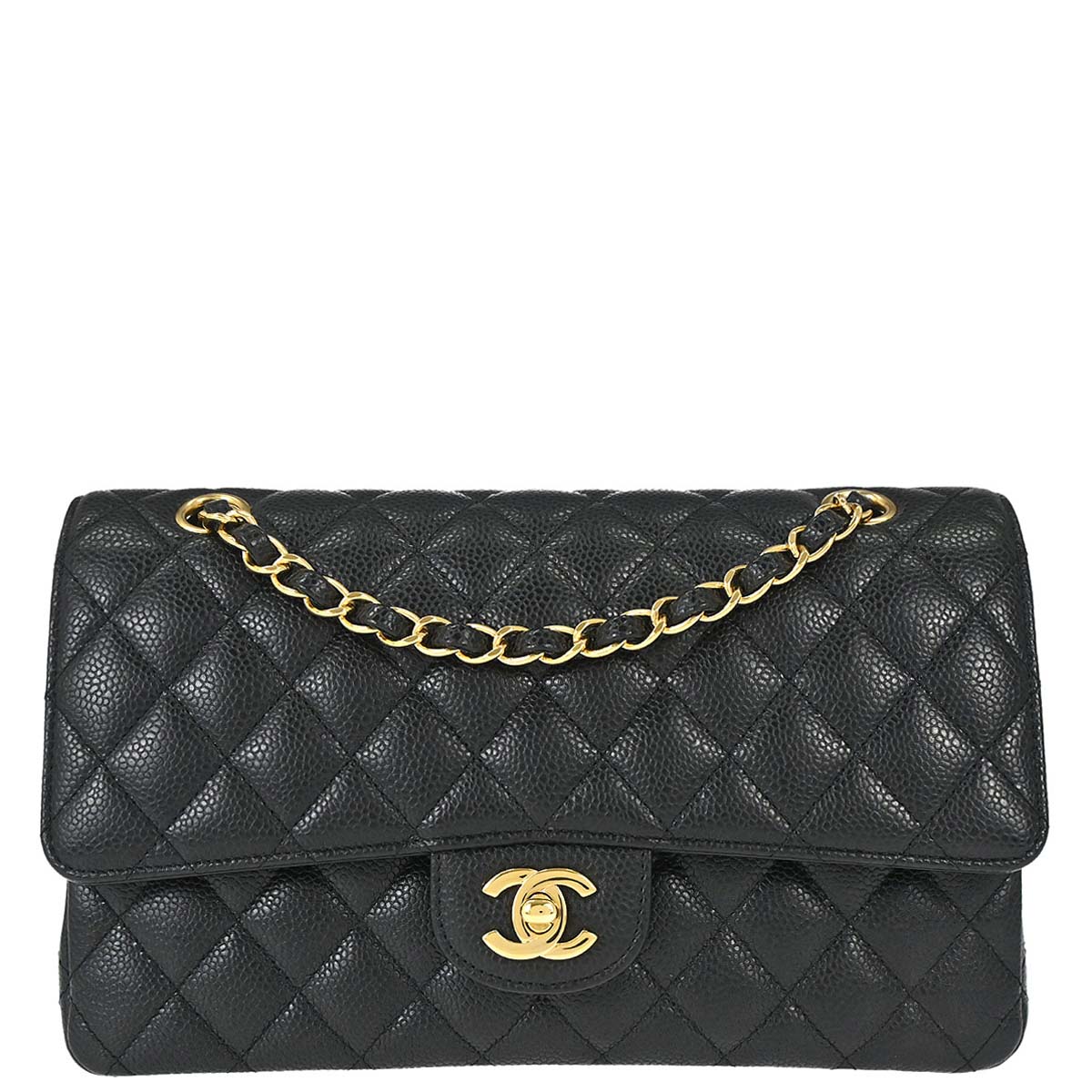 Chanel 2018-2019 Black Caviar Skin Medium Classic Double Flap Shoulder Bag