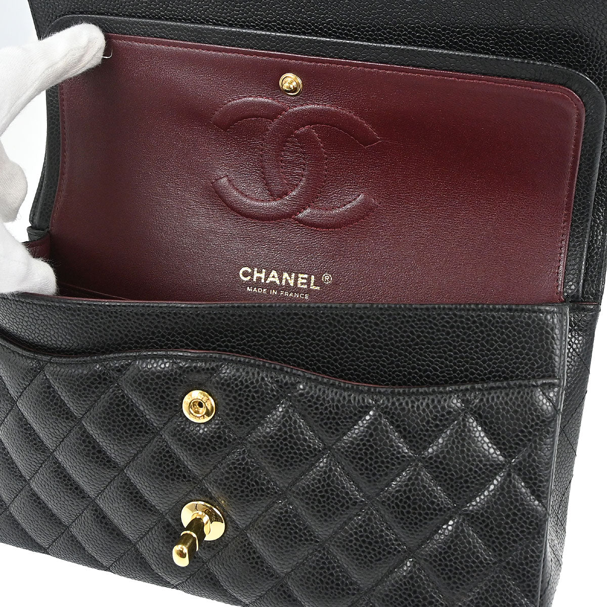Chanel 2018-2019 Black Caviar Skin Medium Classic Double Flap Shoulder Bag