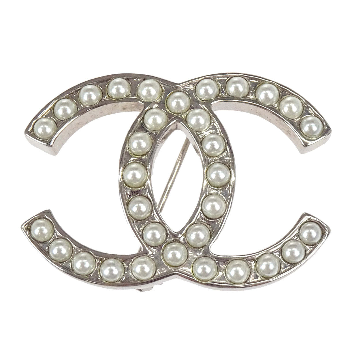 Chanel CC Costume Pearl Brooch Pin Silver D11V