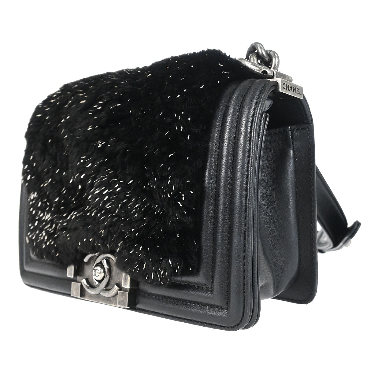 Boy Chanel 2017 Black Lambskin Lapin Fur Small Chain Shoulder Bag