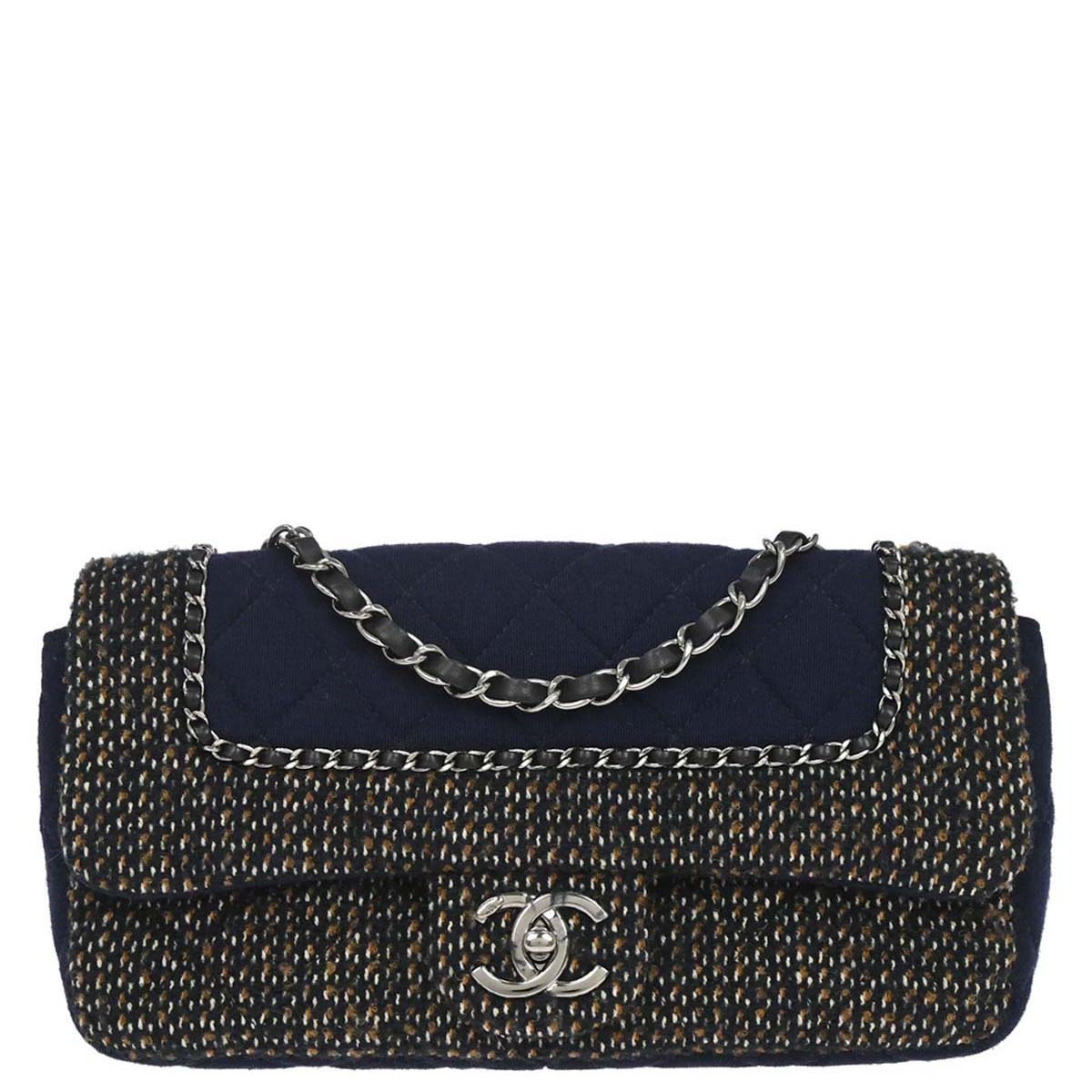 Chanel 2014-2015 Navy Black Cotton Tweed Shoulder Bag