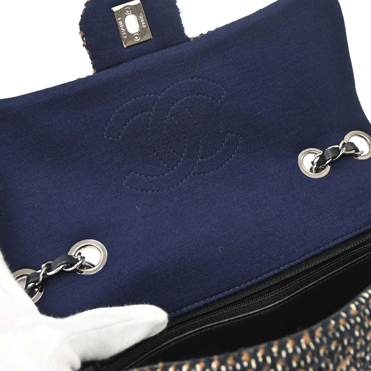 Chanel 2014-2015 Navy Black Cotton Tweed Shoulder Bag