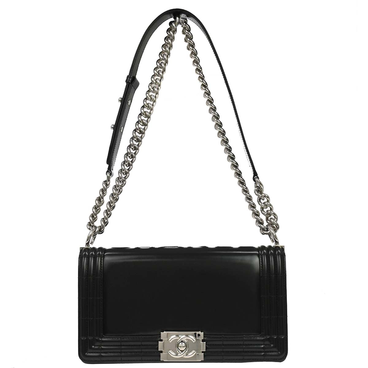 Boy Chanel 2012 Black Glazed Calfskin Medium Chain Shoulder Bag