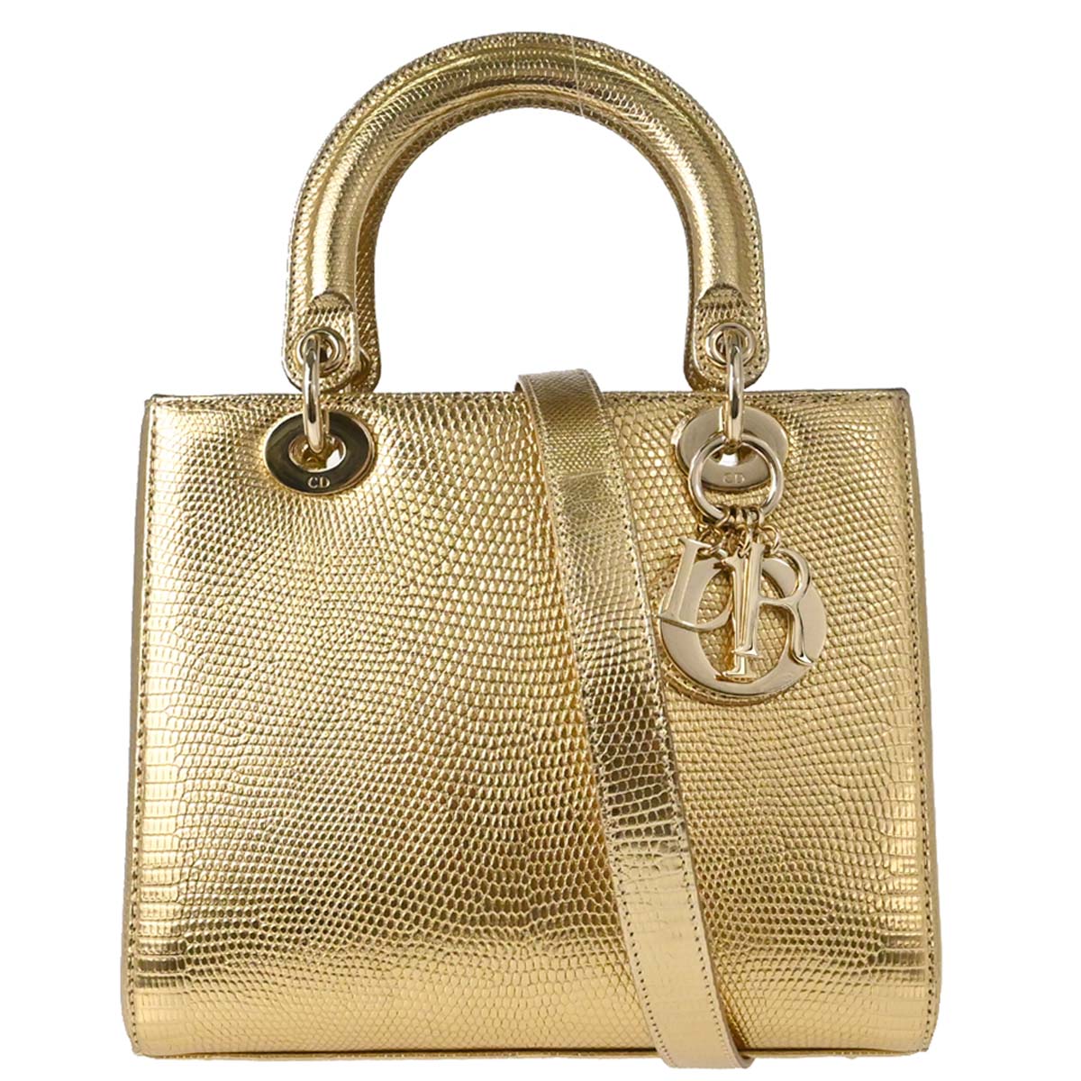 Christian Dior * Gold Lizard Lady Dior Cannage 2way Shoulder Handbag