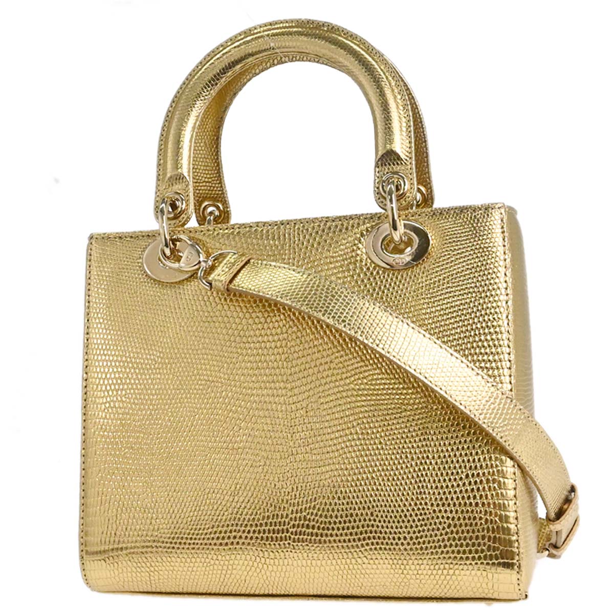 Christian Dior * Gold Lizard Lady Dior Cannage 2way Shoulder Handbag