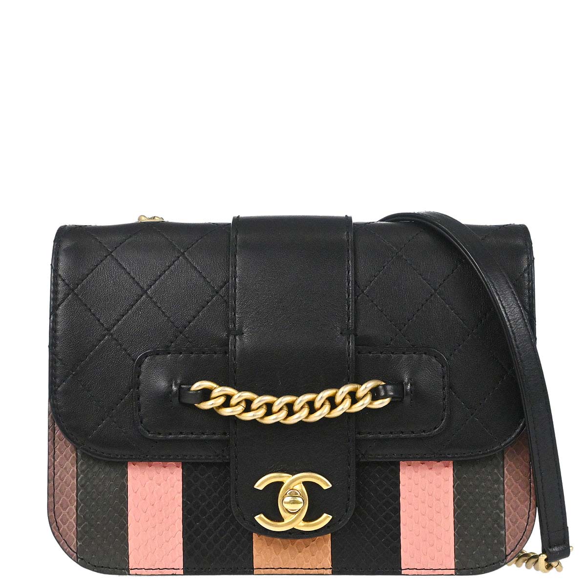 Chanel * 2018 Black Calfskin Python Front Chain Flap Bag Shoulder Bag