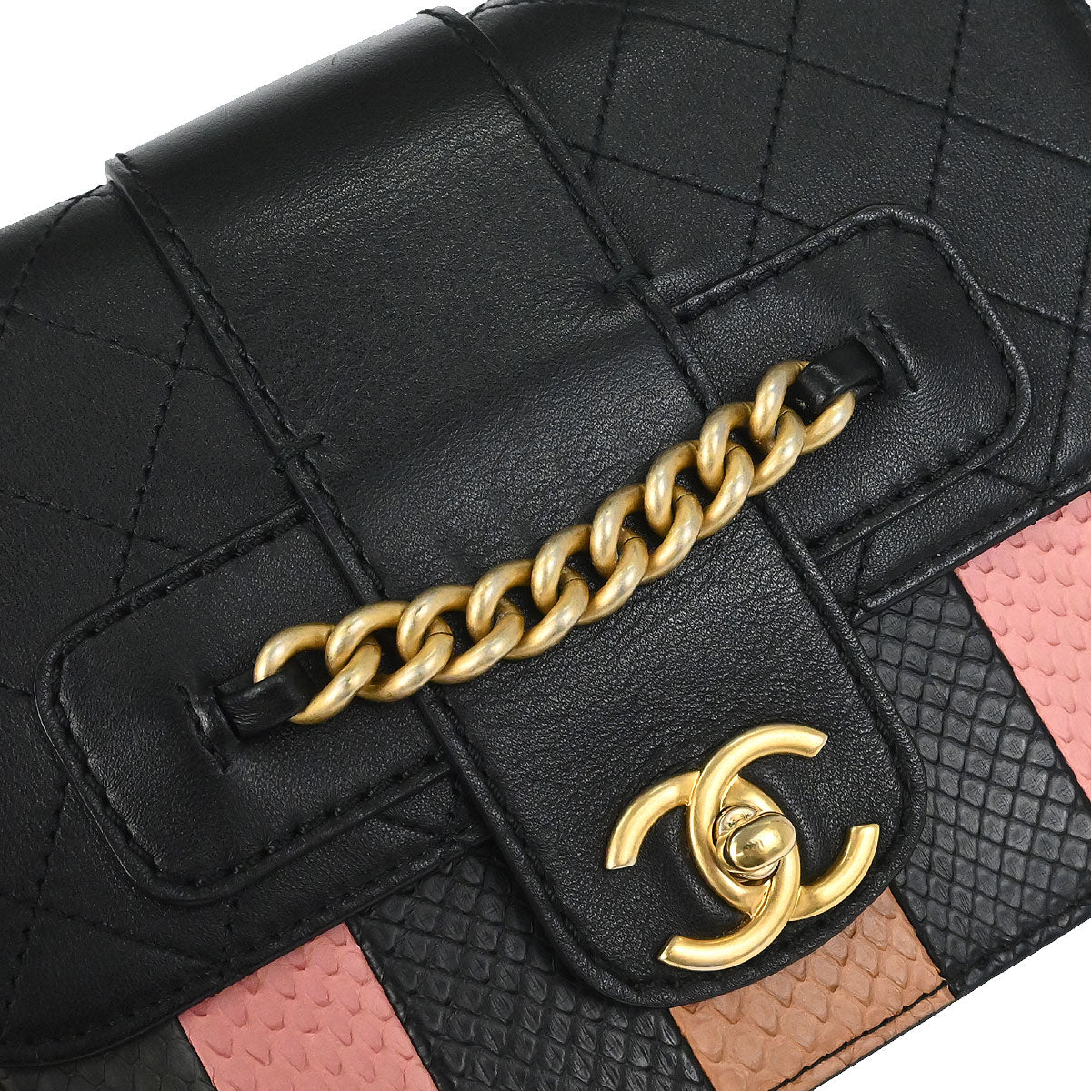 Chanel * 2018 Black Calfskin Python Front Chain Flap Bag Shoulder Bag