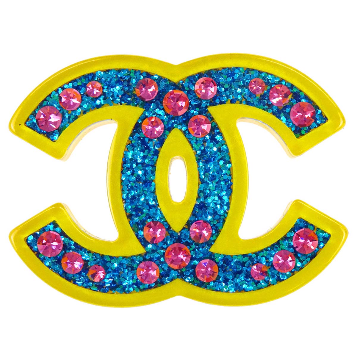 Chanel CC Brooch Pin Yellow Blue Acrylic Glitter 18C
