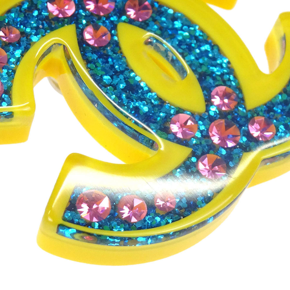 Chanel CC Brooch Pin Yellow Blue Acrylic Glitter 18C